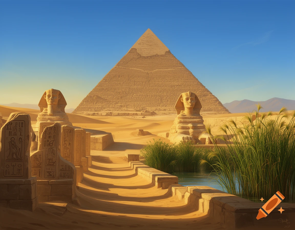 A wide view of an ancient Egyptian desert landscape featuring a pyramid, two sphinx statues, and carved stelae near a pool of water with tall reeds.