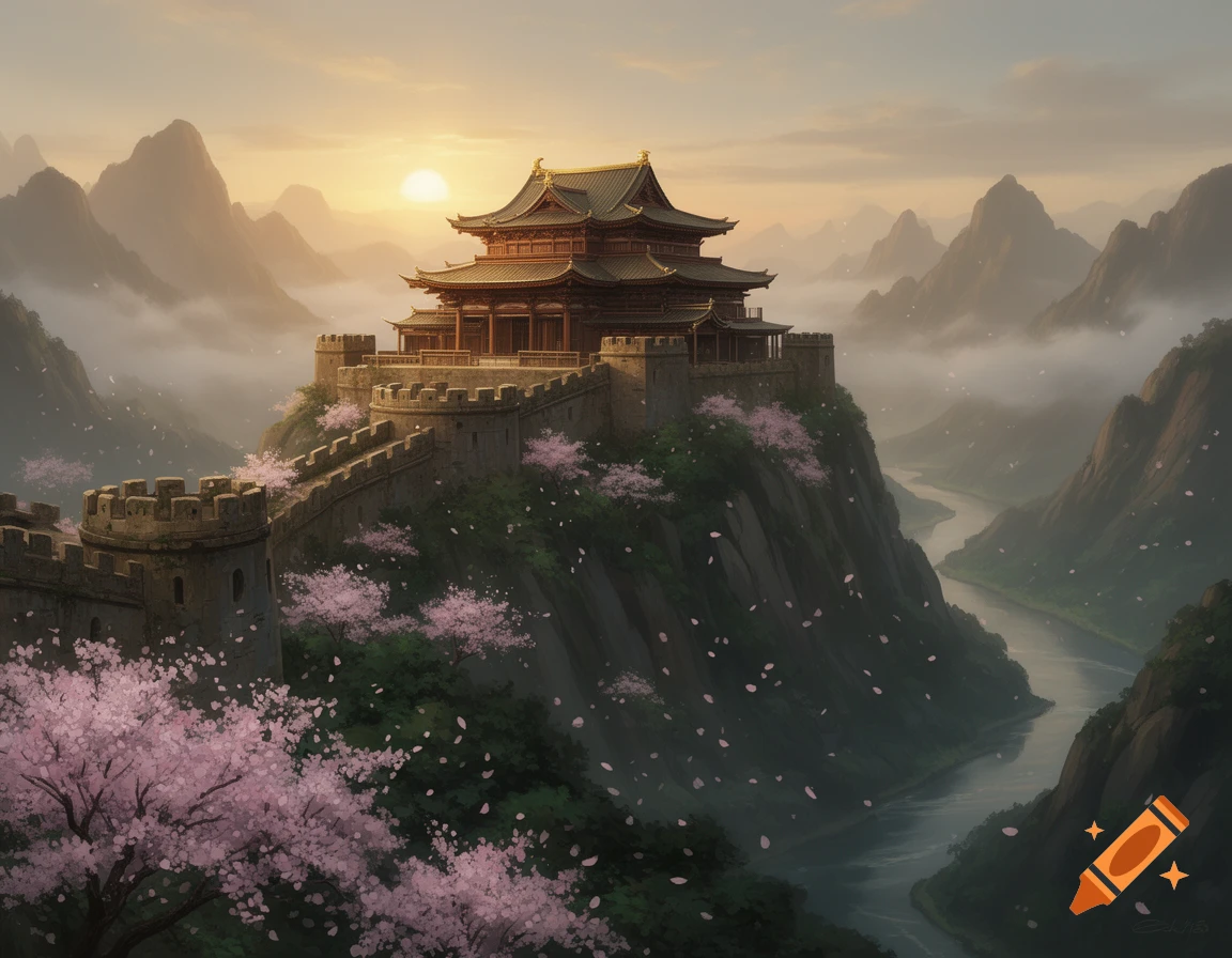 East Asian palace and fortified wall on a mountain, surrounded by cherry blossoms, river, and misty mountains at sunset.