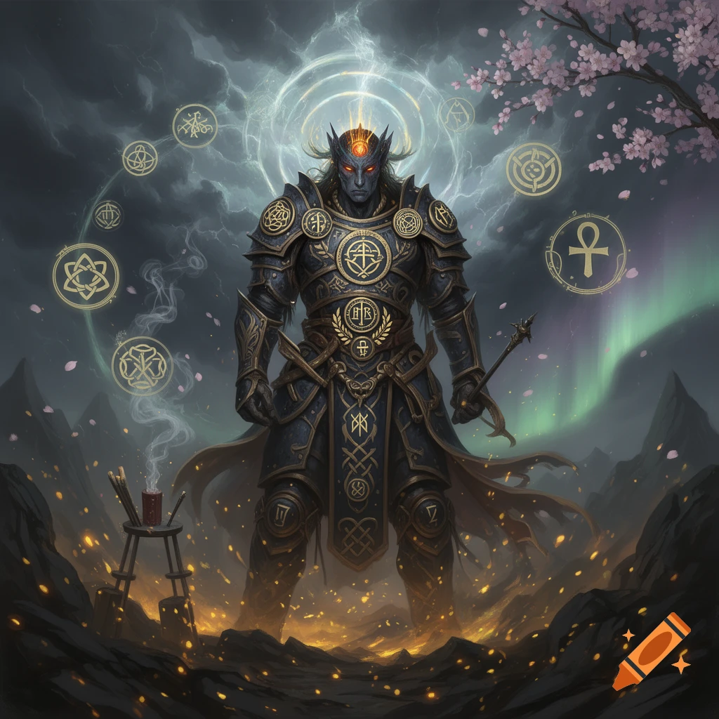 Dark fantasy warrior in ornate armor with glowing eyes and staff ...