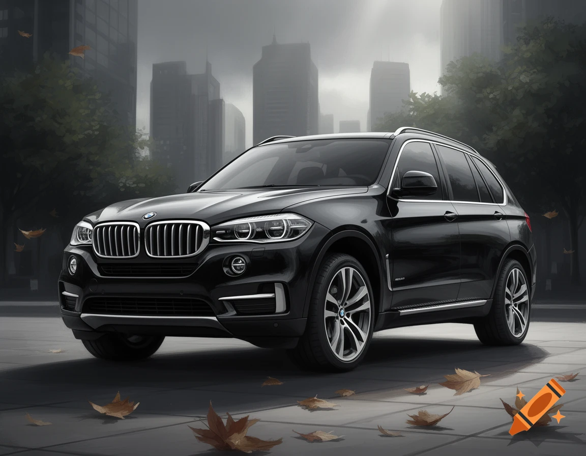 A photorealistic black BMW SUV is parked on a city street with falling autumn leaves and blurred buildings in the background.