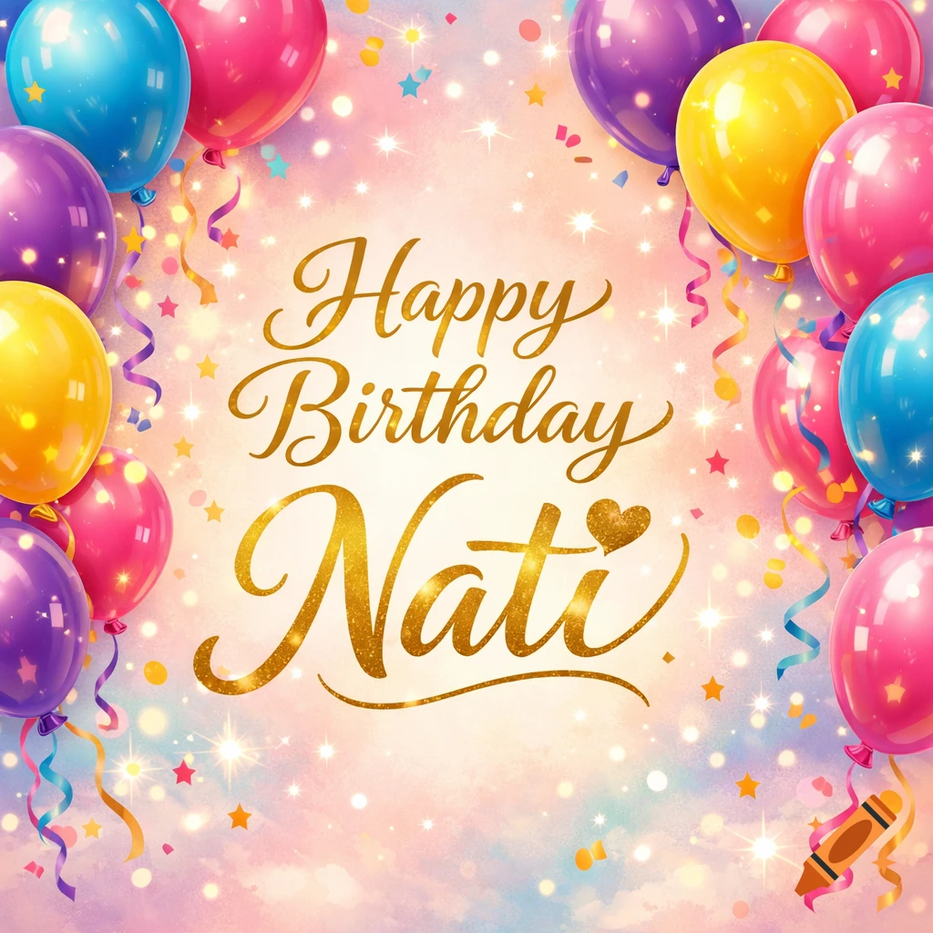 Vibrant birthday card with colorful balloons, confetti, and 'Happy Birthday Nati' in golden script, with a heart for the 'i' dot.