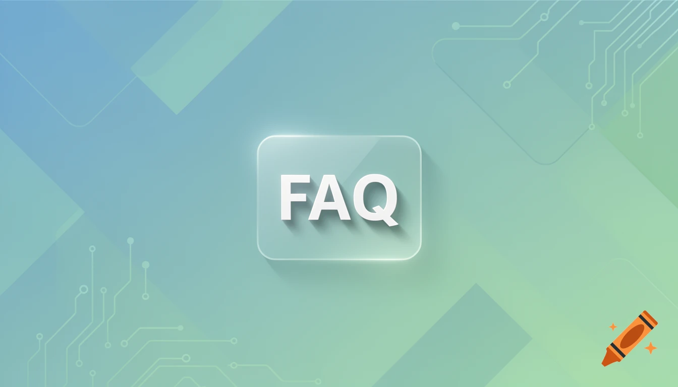 A glassy rectangular button with 'FAQ' text floats on an abstract blue and green background with geometric shapes and circuit lines.