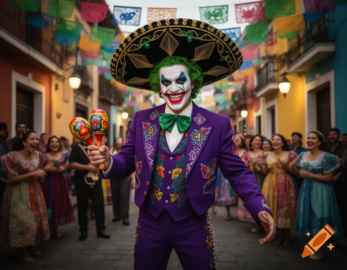 The Joker, with green hair and white face paint, smiles broadly while wearing a vibrant purple mariachi suit and large sombrero, holding two maracas. He stands on a colorful street with festive papel picado and blurry people in traditional attire in the background.