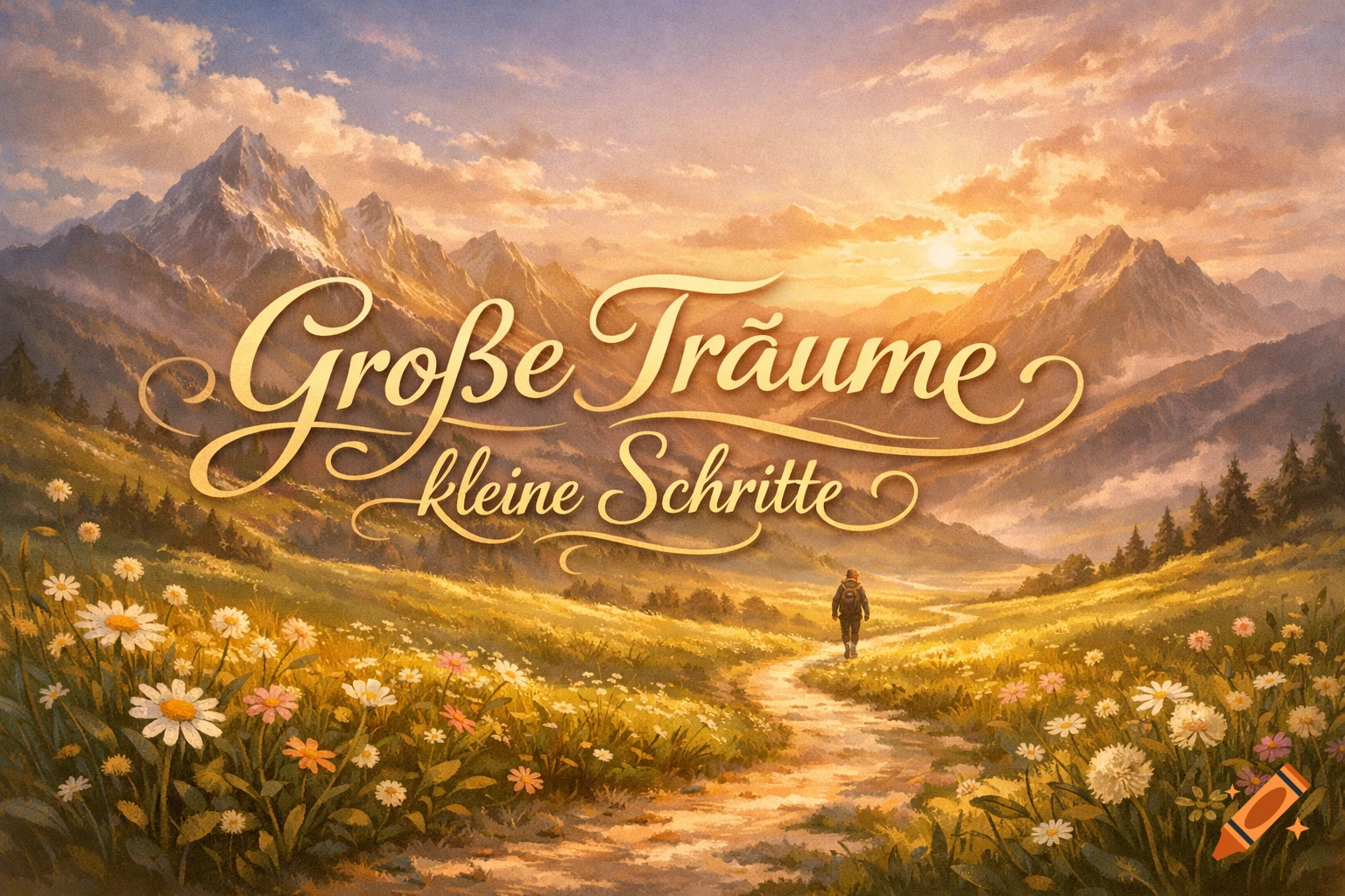 Digital painting of a person on a path through a flower meadow with mountains and sunset. Golden text reads 'Große Träume kleine Schritte'.