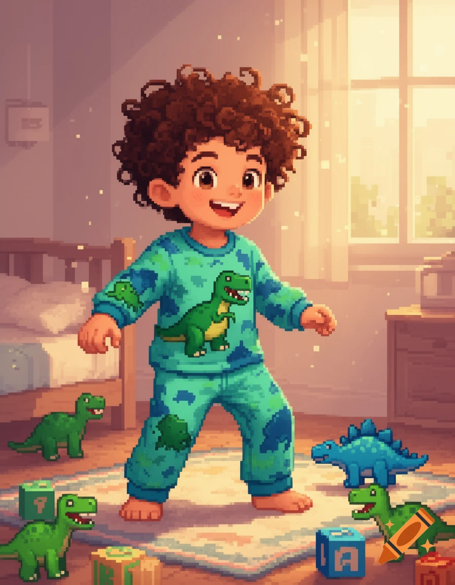 A happy curly-haired child in blue and green dinosaur pajamas stands on a rug with pixelated toy dinosaurs and blocks in a sunny bedroom.