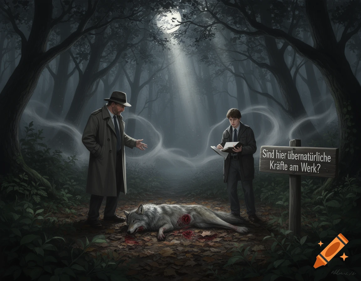 Two detectives investigate a dead wolf with a bloody wound in a dark, moonlit forest, a sign asks "Are supernatural forces at work here?"
