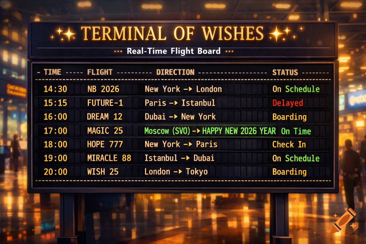 A stylized, glowing flight information board displays arrivals and departures with times, flight numbers, directions, and statuses against a blurred airport background.