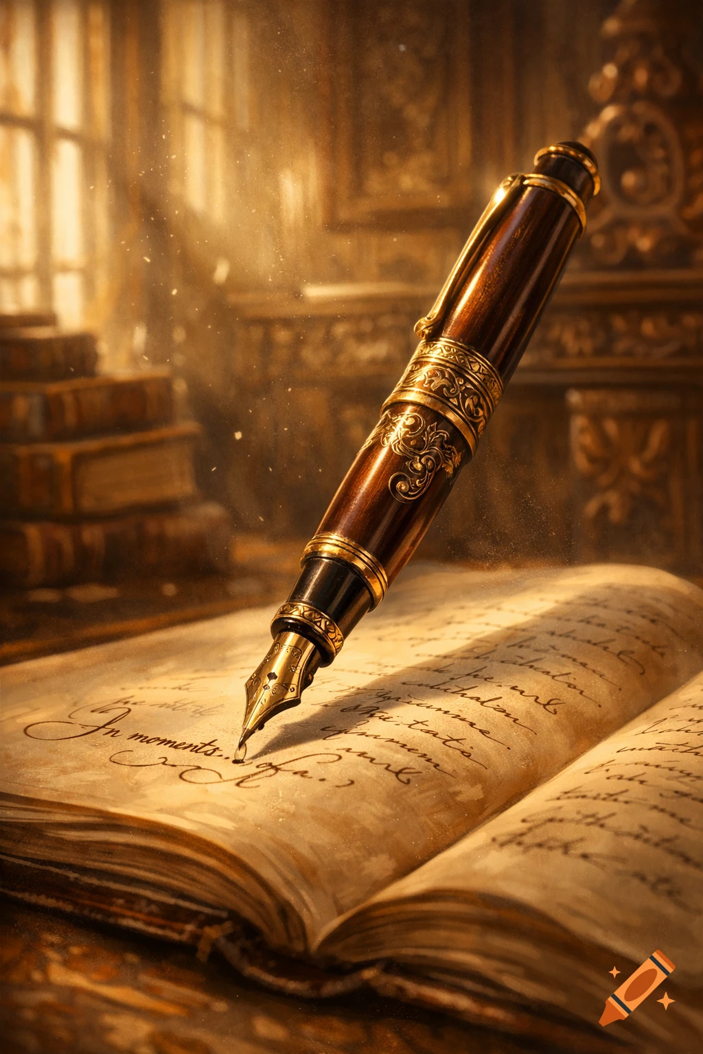 A vintage style brown and gold fountain pen writes in an open, old book, bathed in warm light.