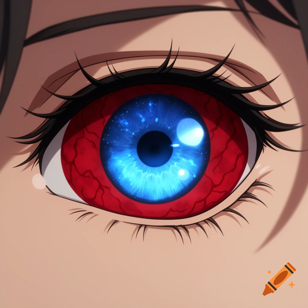 Close-up of a stylized anime eye with a glowing blue, cosmic iris and a blood-red sclera.
