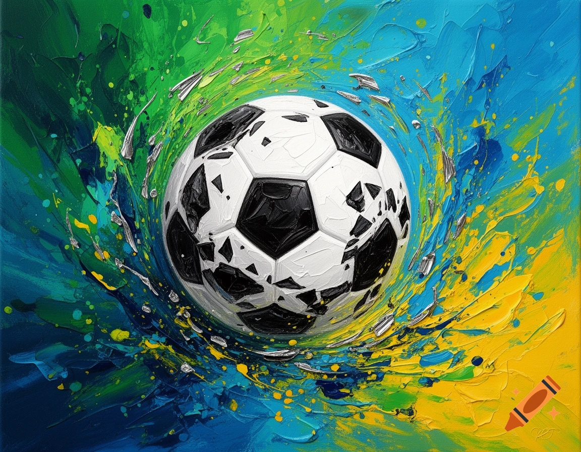 Abstract painting of a soccer ball surrounded by vibrant green, blue, yellow, and silver paint splatters.