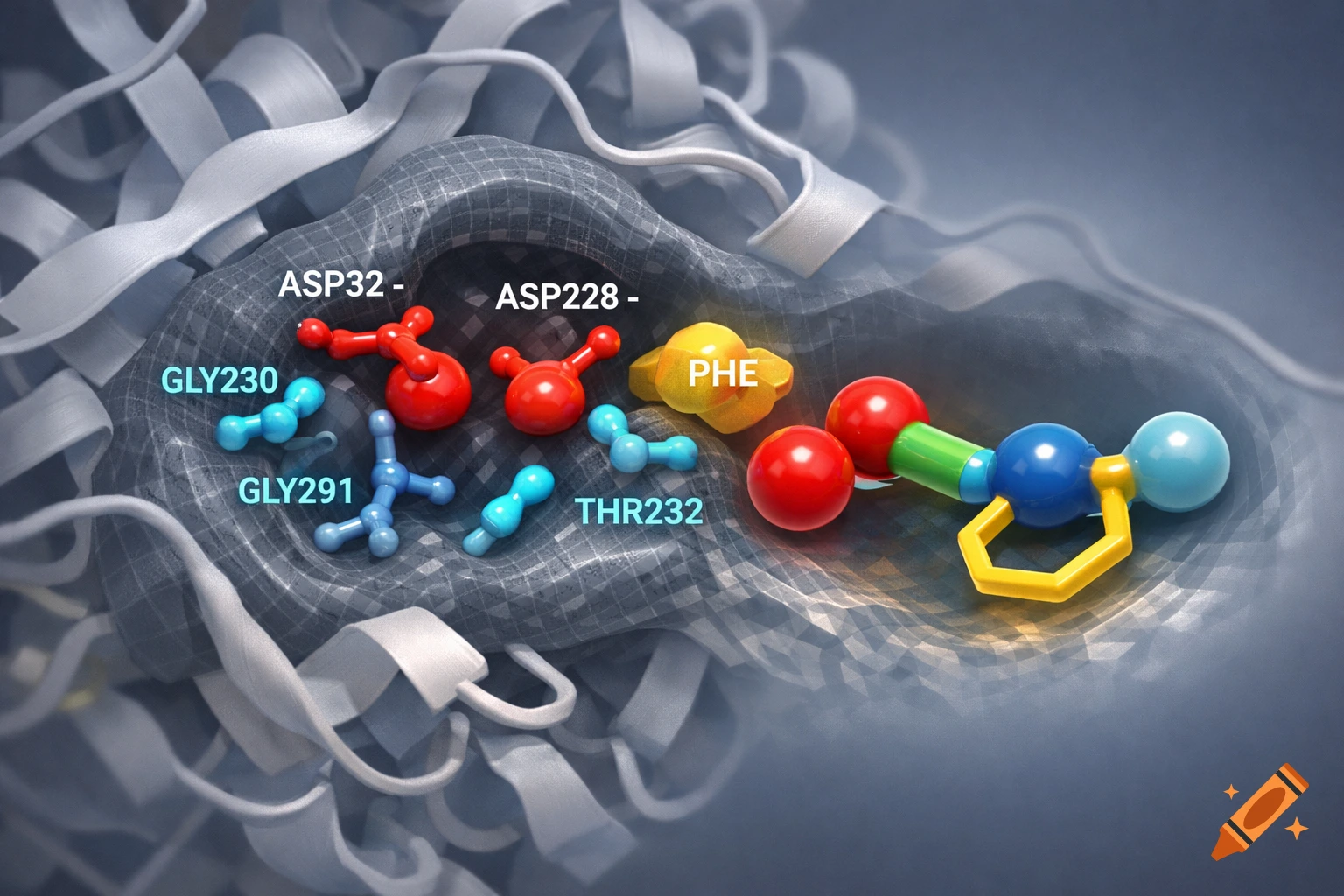 3D scientific illustration of a BACE1 protein interaction pocket with labeled residues (ASP, GLY, THR) and a colorful pharmacophore.