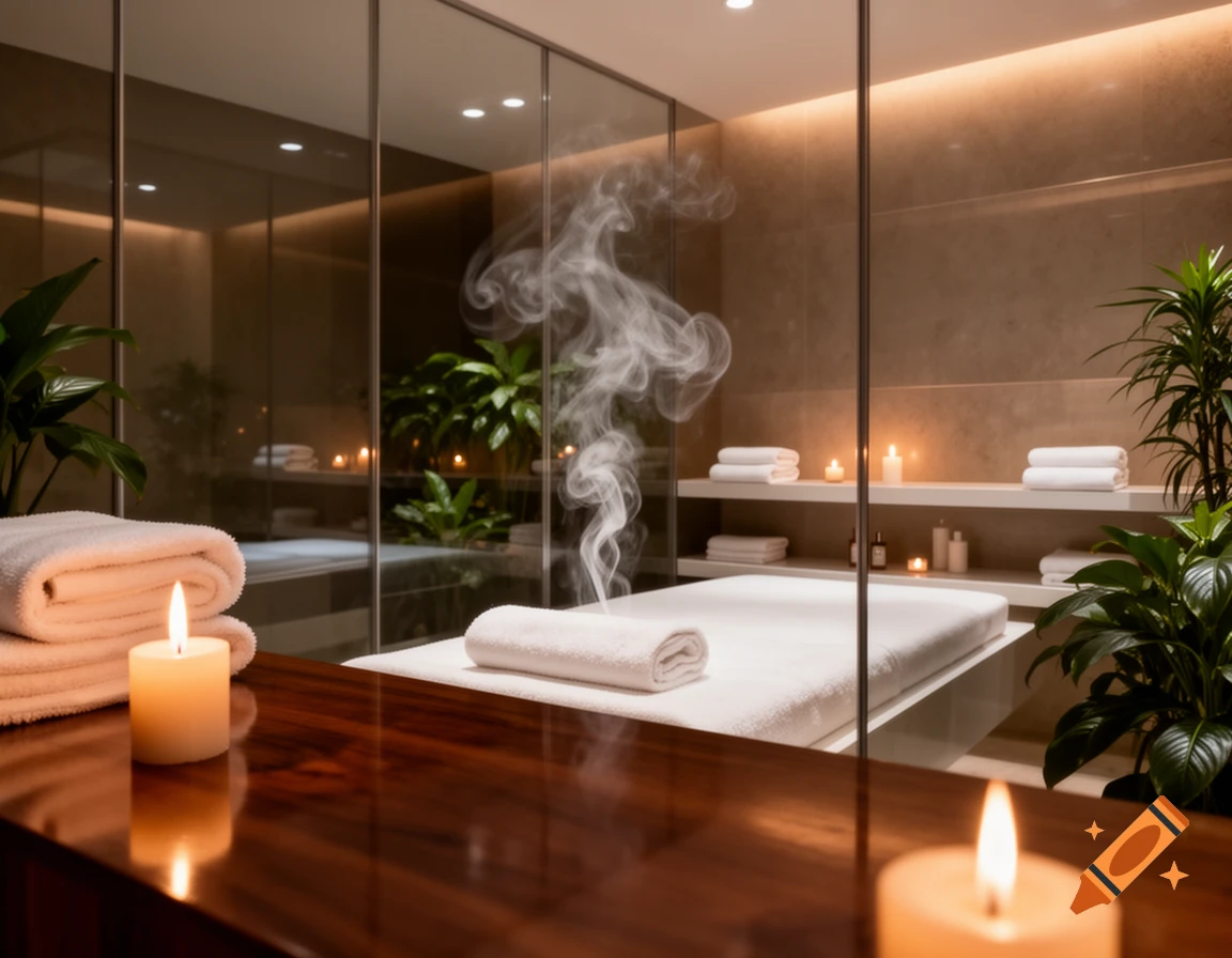 A tranquil, luxurious spa room with a massage bed, steam, lit candles, white towels, and green plants, bathed in soft light.
