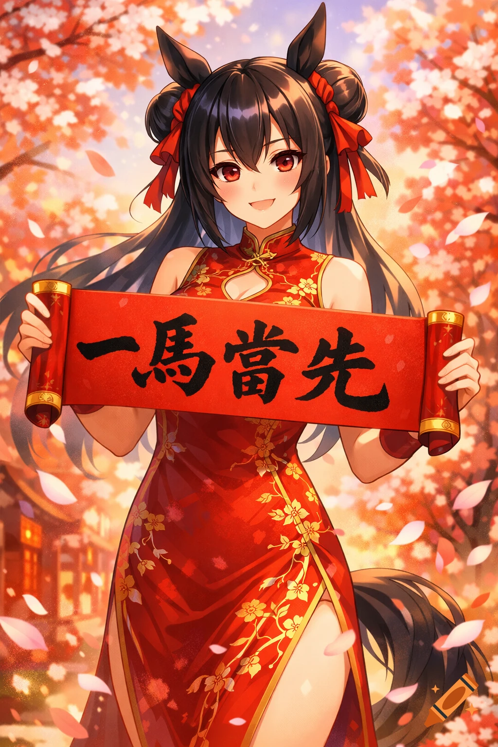 An anime woman with horse ears and tail, wearing a red qi pao, smiles while holding a red scroll with Chinese characters, surrounded by flowering trees.
