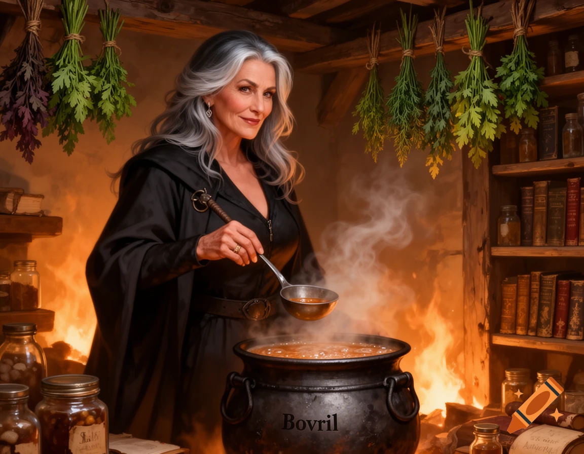 A mature witch with silver hair stirs Bovril in a bubbling cauldron in a cozy, firelit magical workshop, in a painterly fantasy art style.