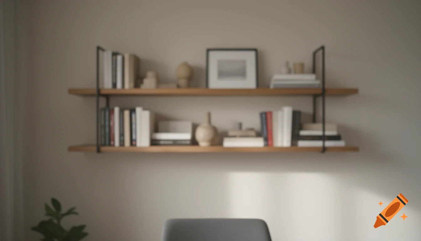 A blurred bookshelf filled with books and decorative objects, set against a neutral wall, simulating a webcam background.