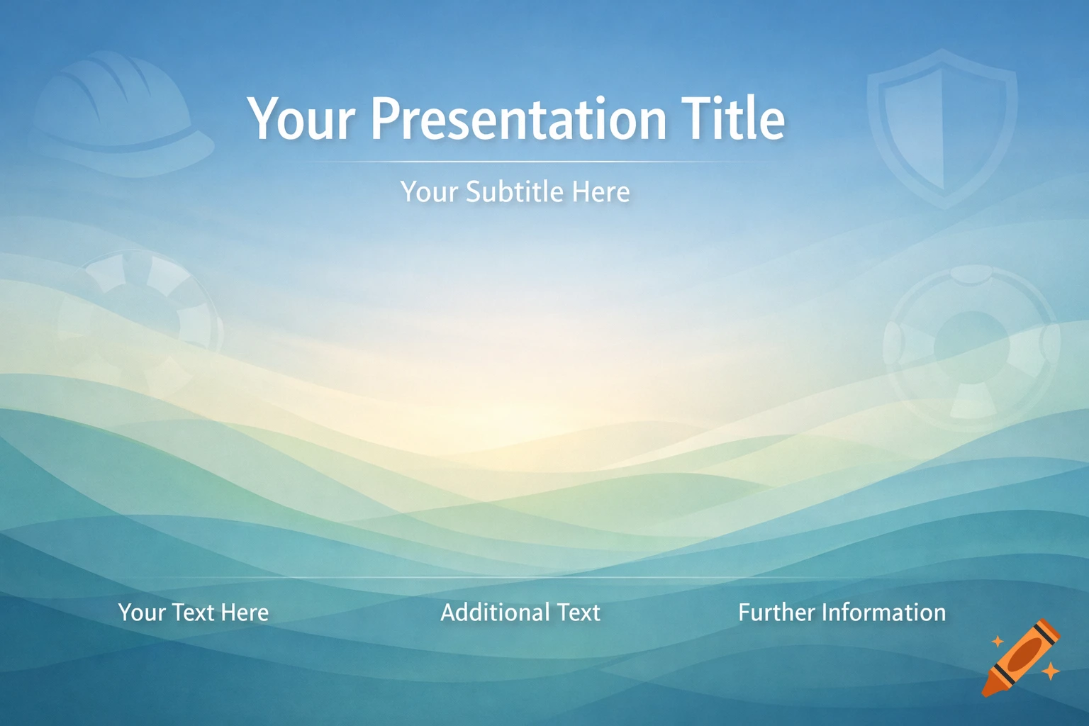 A blue and yellow abstract presentation background with wave patterns, safety icons, and placeholder text for title and content.