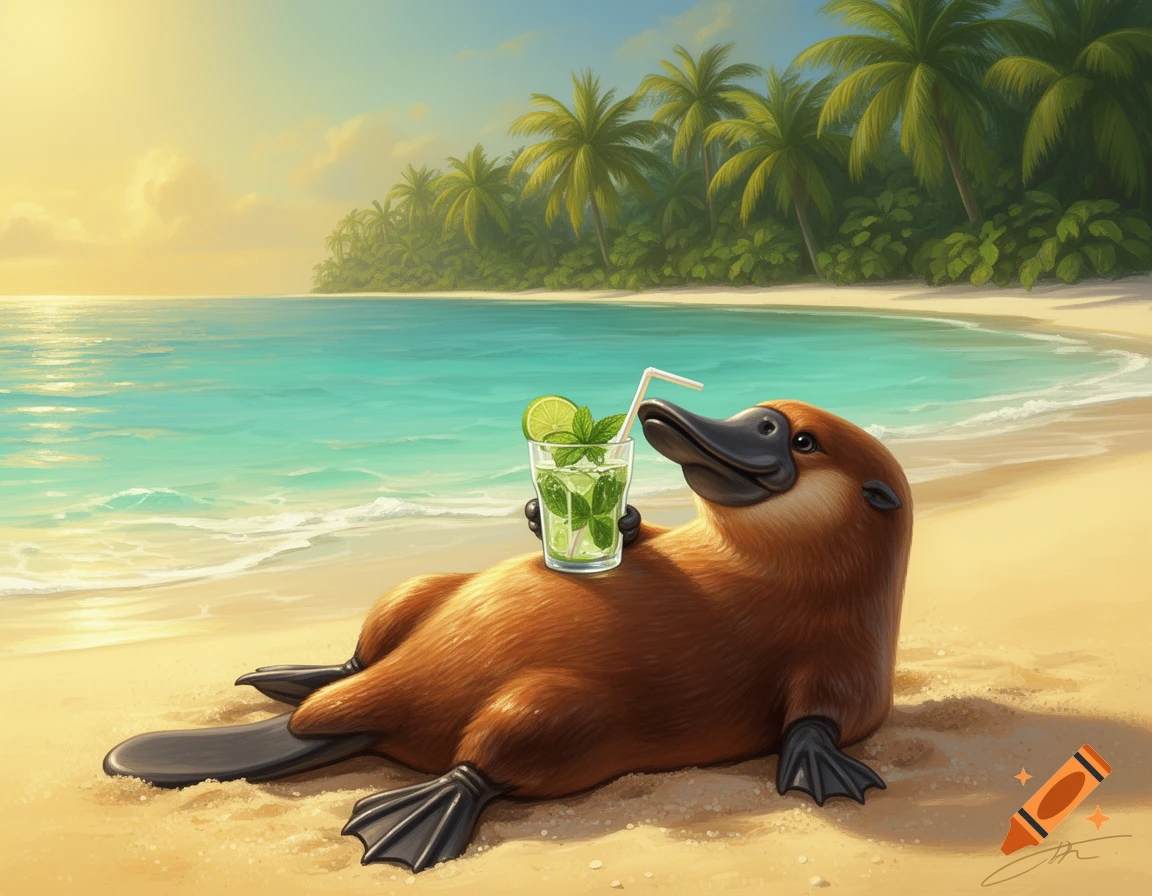 An illustrated platypus relaxes on a tropical beach with palm trees, holding a mojito with a straw.