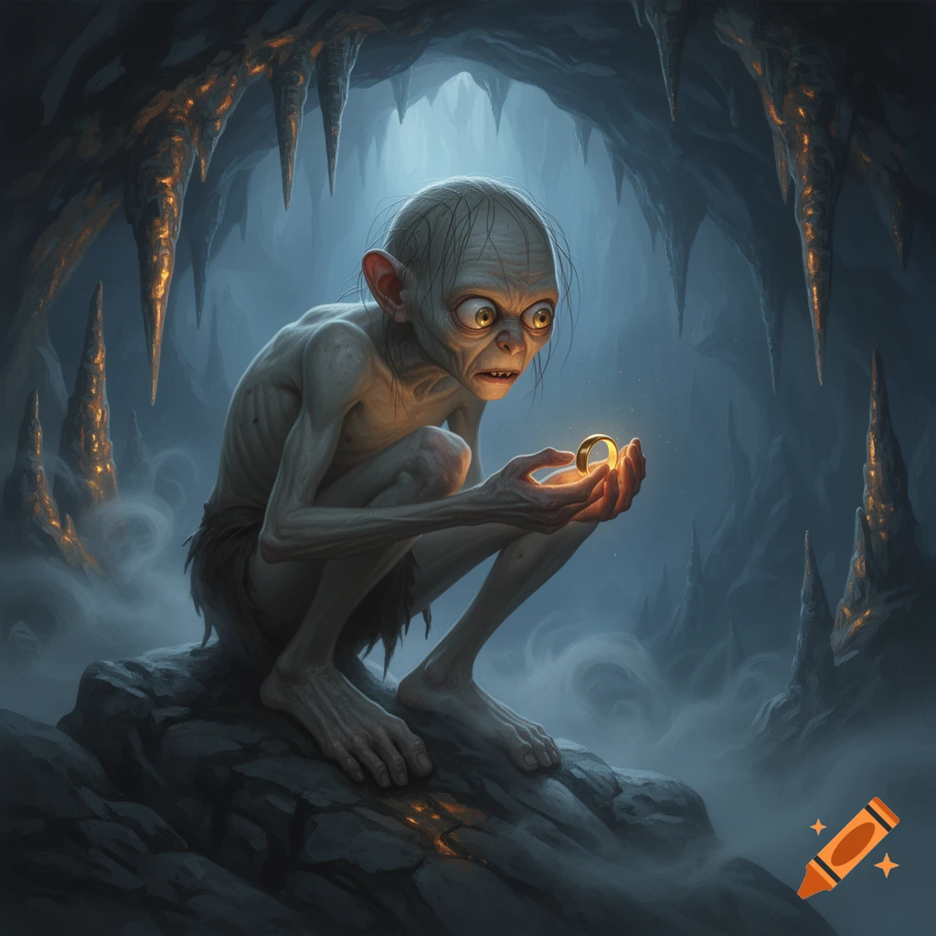 Gollum crouches in a dark, glowing cave, mesmerized by a luminous golden ring held in his hands.