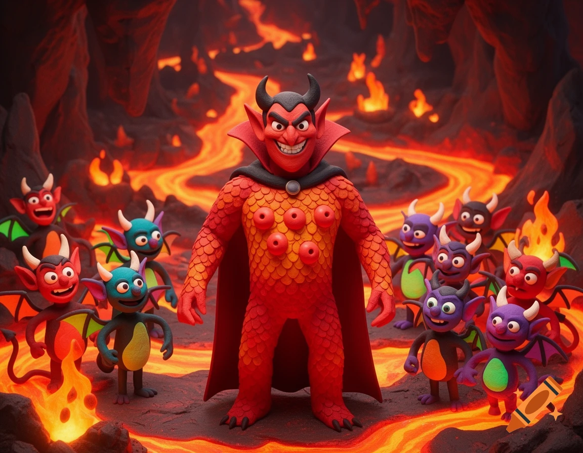 A smiling red claymation devil with seven red bumps on its chest, wearing a cape, stands in a fiery hellscape surrounded by numerous colorful cartoon demon henchmen.