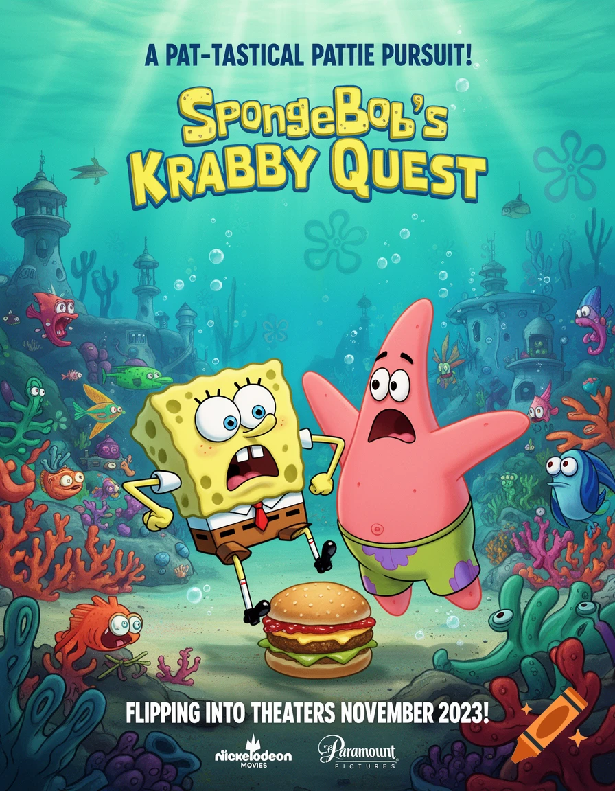 SpongeBob and Patrick look scared over a Krabby Patty on a vibrant underwater movie poster for "SpongeBob's Krabby Quest".