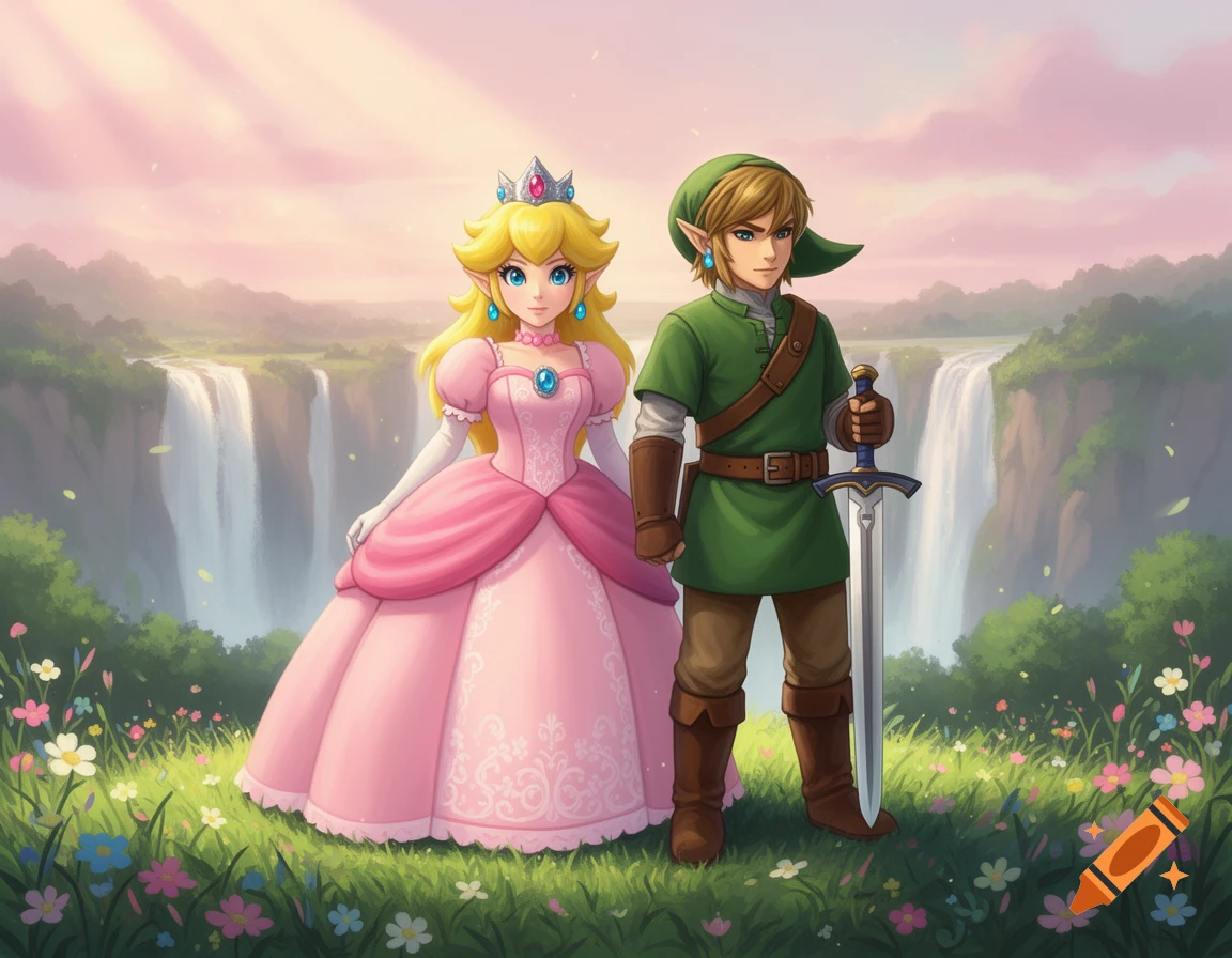 Princess Peach in Link's tunic and Link in Peach's pink dress stand in a flowery field with waterfalls, anime style.