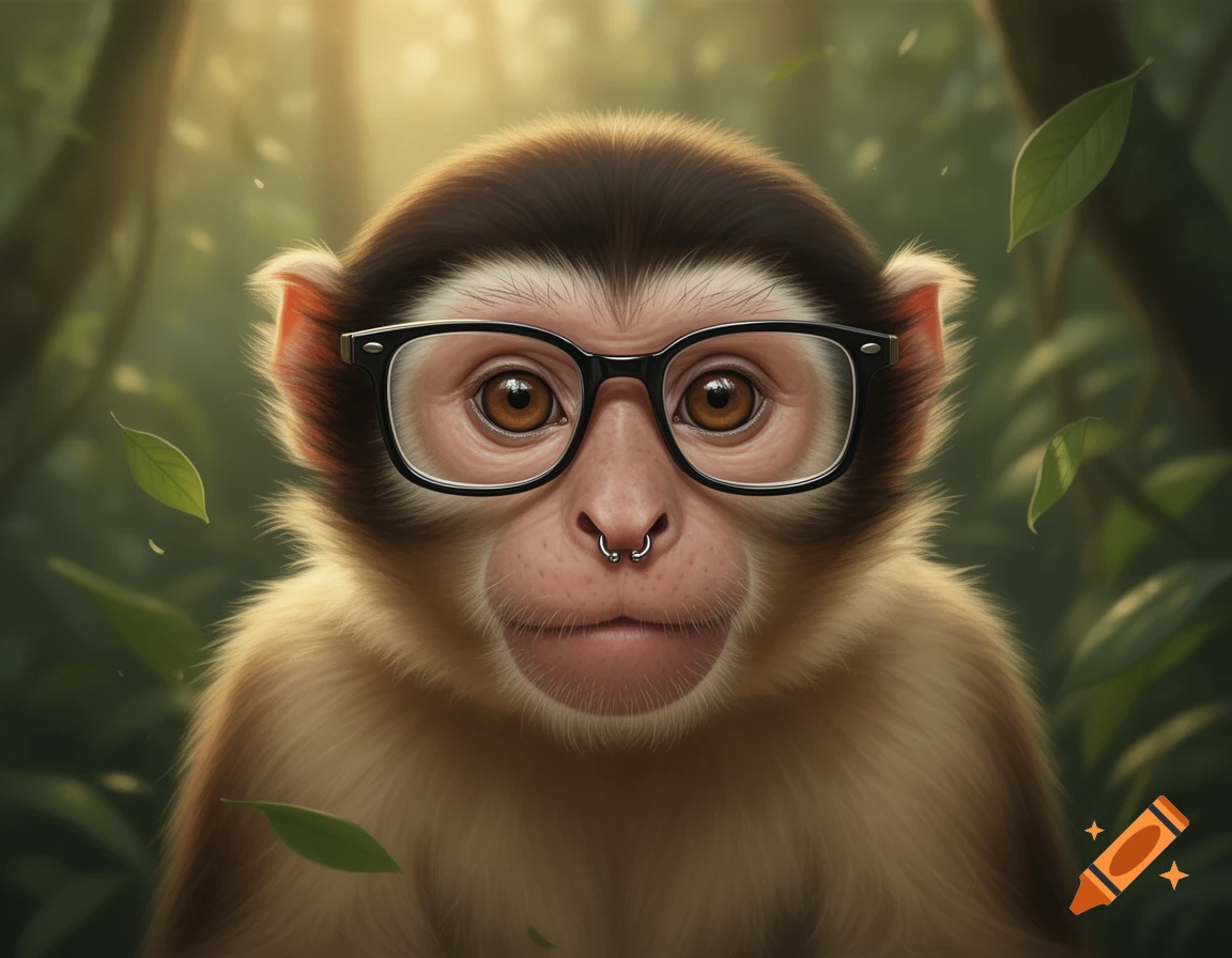 A photorealistic capuchin monkey wearing black glasses and a septum piercing looks directly forward in a lush jungle setting.