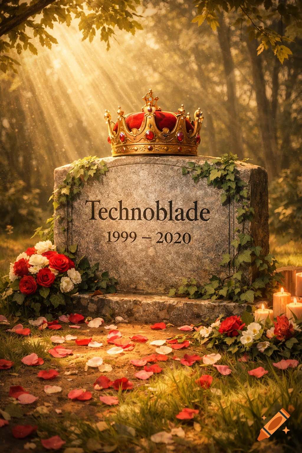 A majestic crown rests atop a gravestone marked 'Technoblade 1999 - 2020', surrounded by roses and candles in a sun-dappled forest.