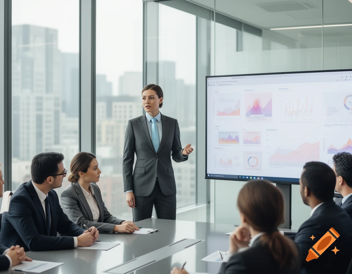 A professional woman in a suit presents data on a screen to colleagues in a modern office meeting.