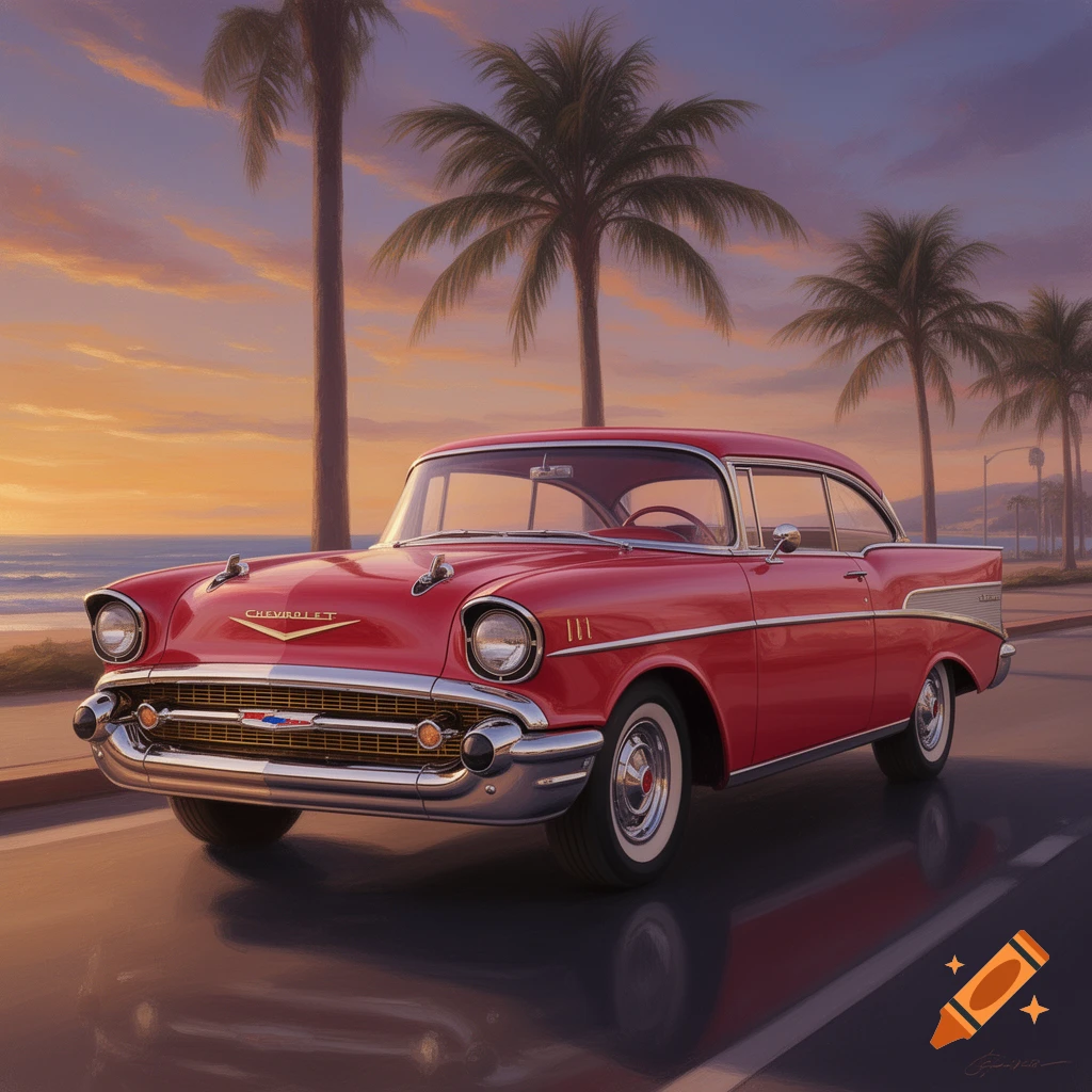 Red classic Chevrolet car parked on a coastal road at sunset with palm trees, rendered in a painterly style.