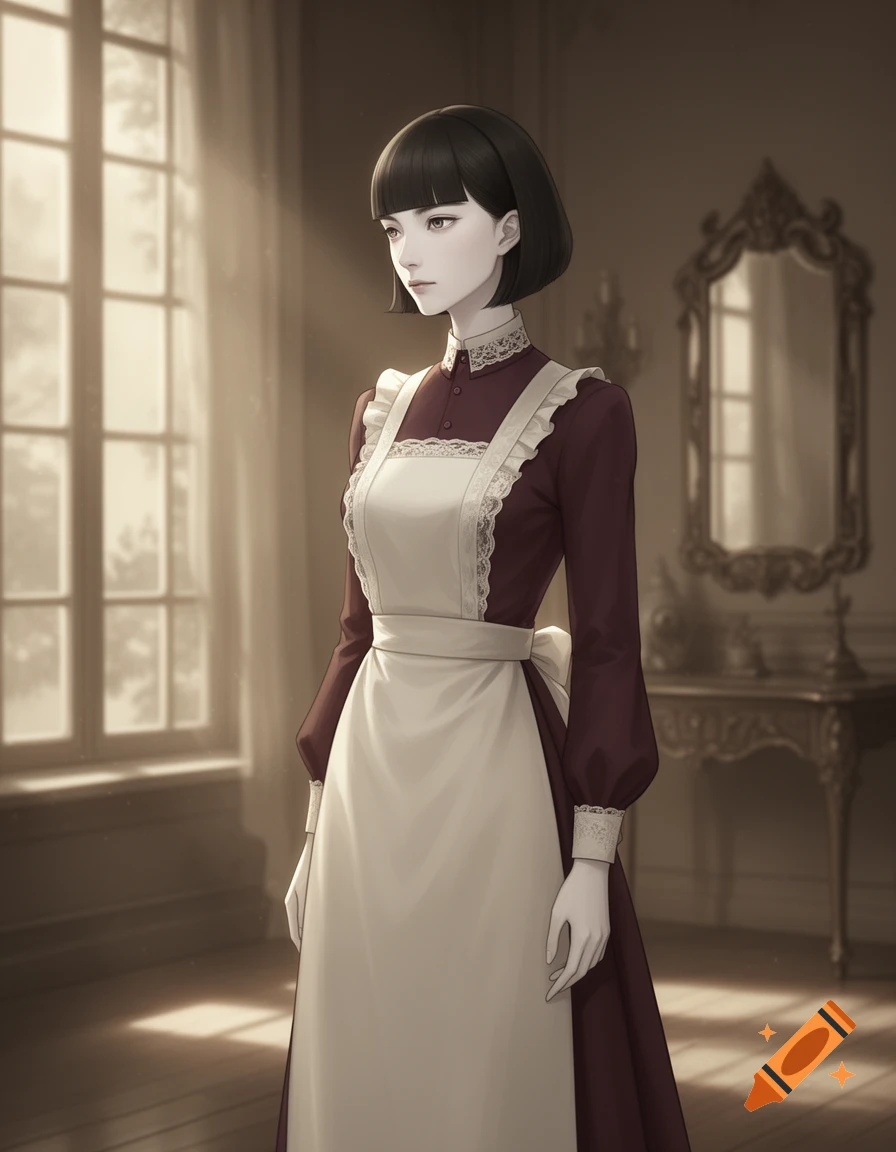 A young woman with a dark bob haircut and pale complexion wears a maroon dress with a white apron, standing in a dimly lit room.