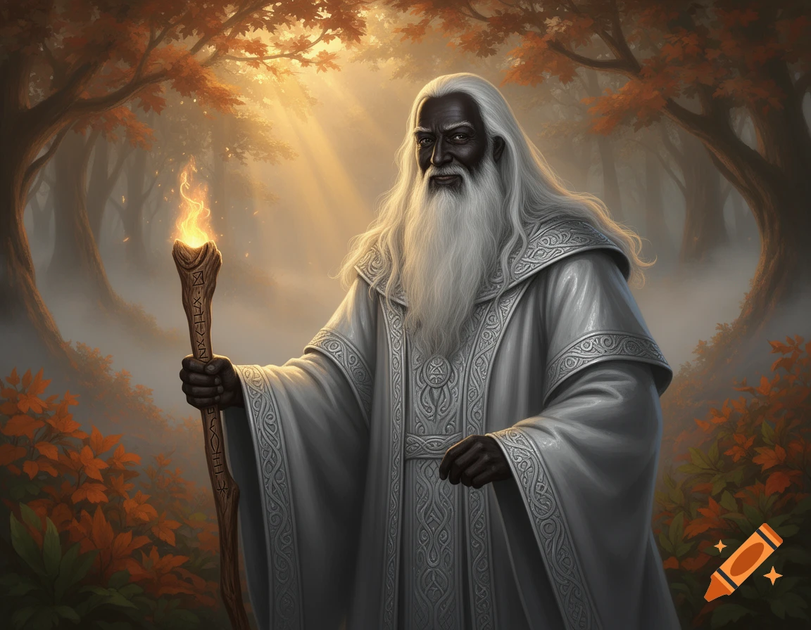 A dark-skinned wizard with a long white beard and a grey robe holds a fiery staff in a golden, misty autumn forest.