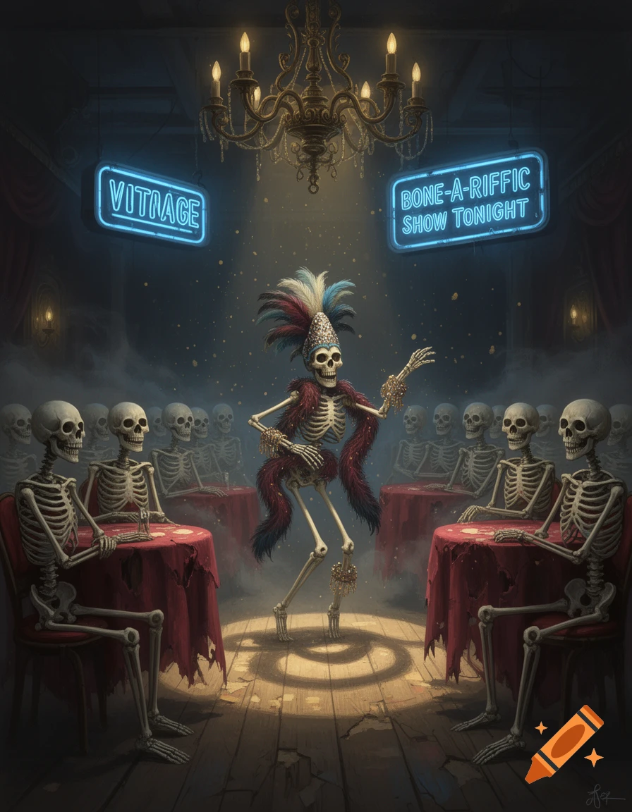 A skeleton in a feathered headdress and boa dances on a spotlighted stage for an audience of skeletons at tables in a dimly lit club. Neon signs read "VITRAGE" and "BONE-A-RIFFIC SHOW TONIGHT".