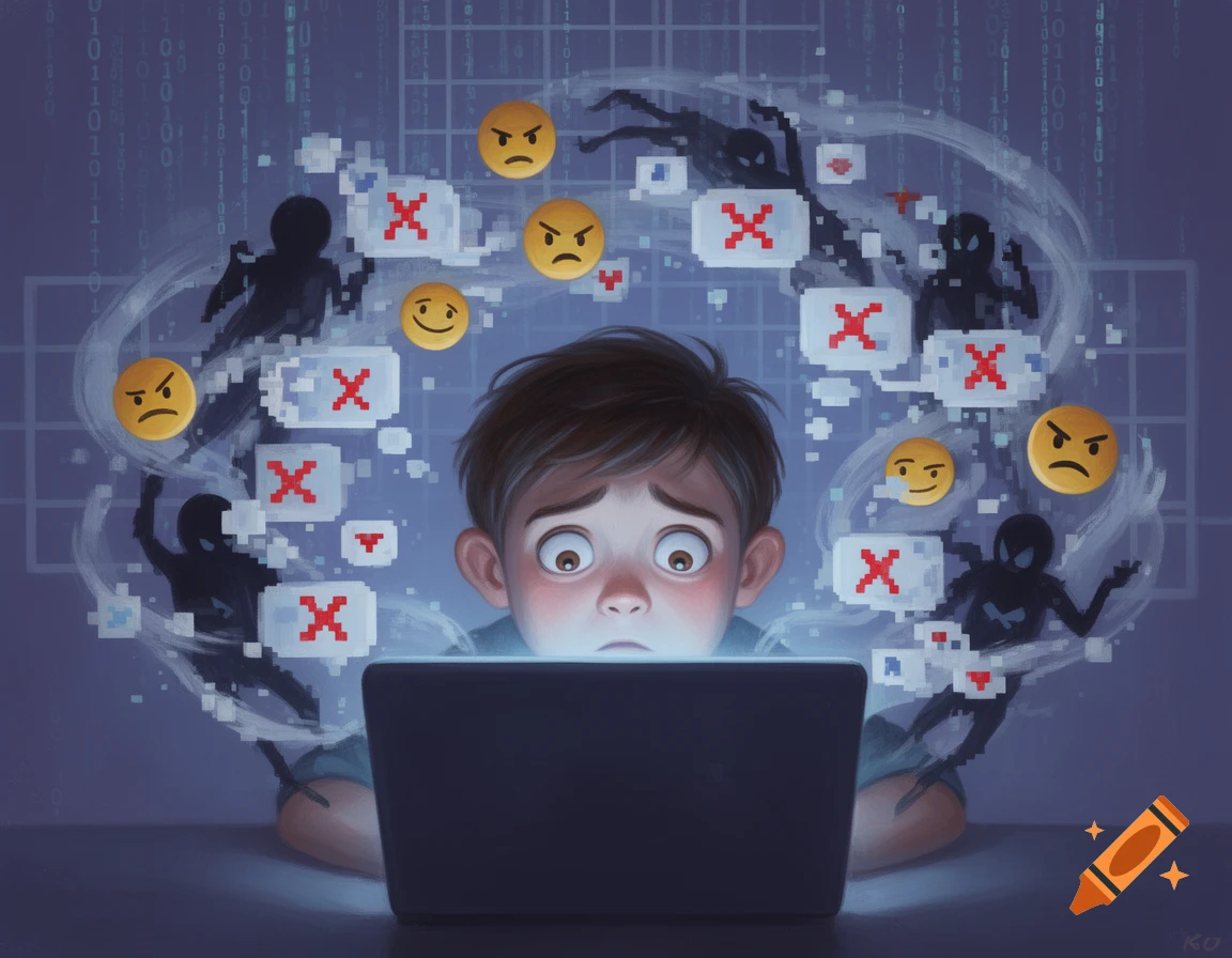 A scared child looks at a glowing laptop, surrounded by angry emojis, red 'X' marks, and shadowy pixelated figures representing cyberbullying.