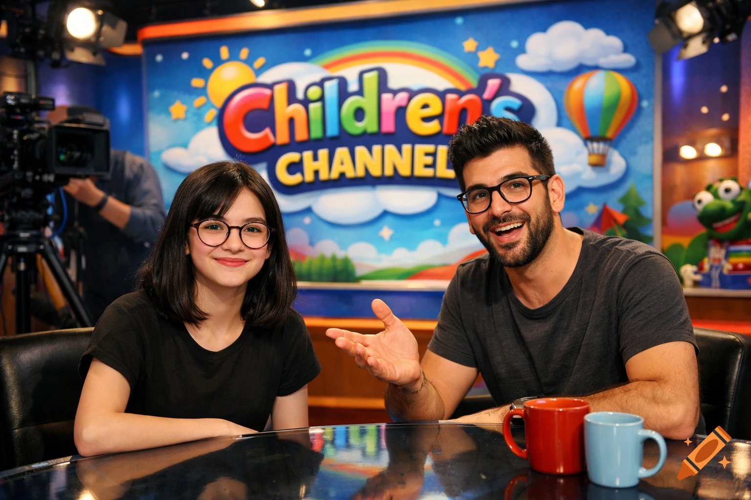 A smiling teenage girl and a man with glasses sit at a table in a TV studio, with a colorful "Children's Channel" background.