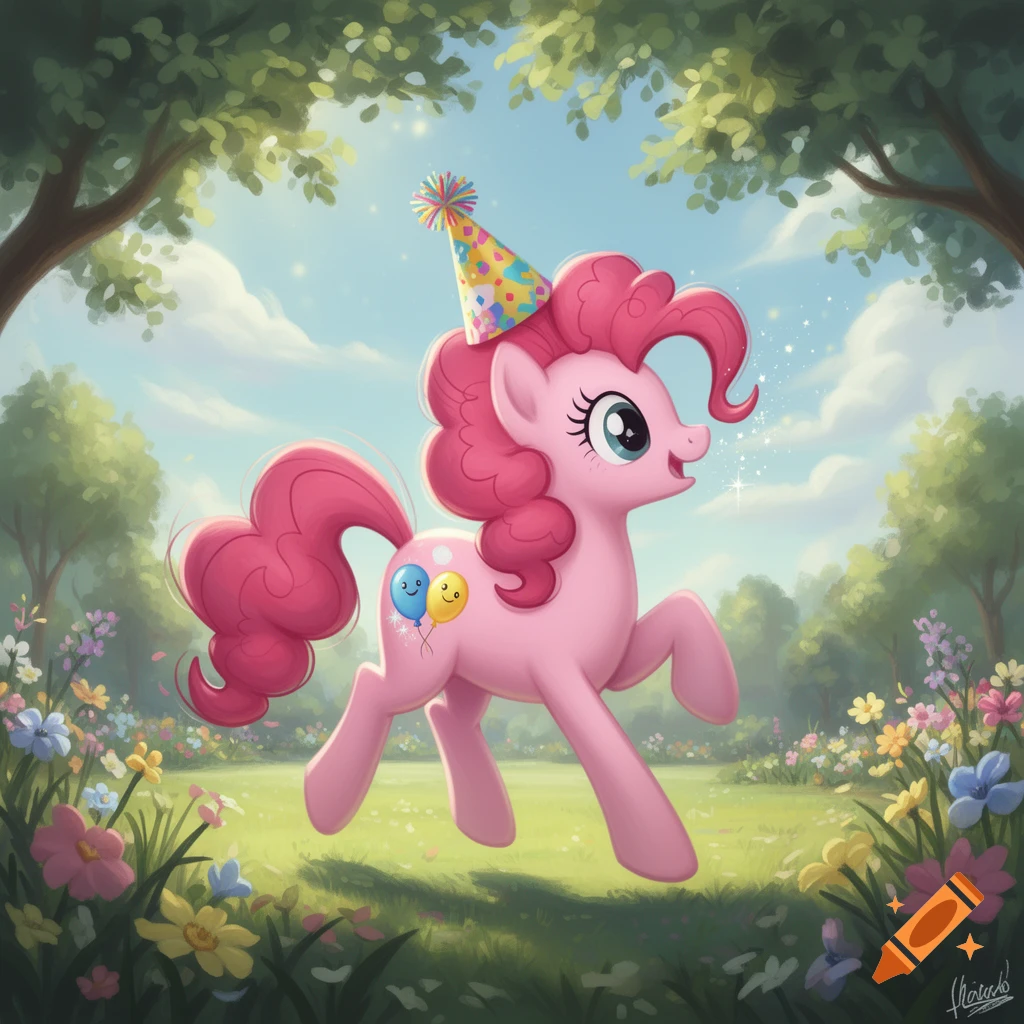 Pinkie Pie, a pink pony wearing a party hat, prances in a lush green field with colorful flowers under a blue sky.