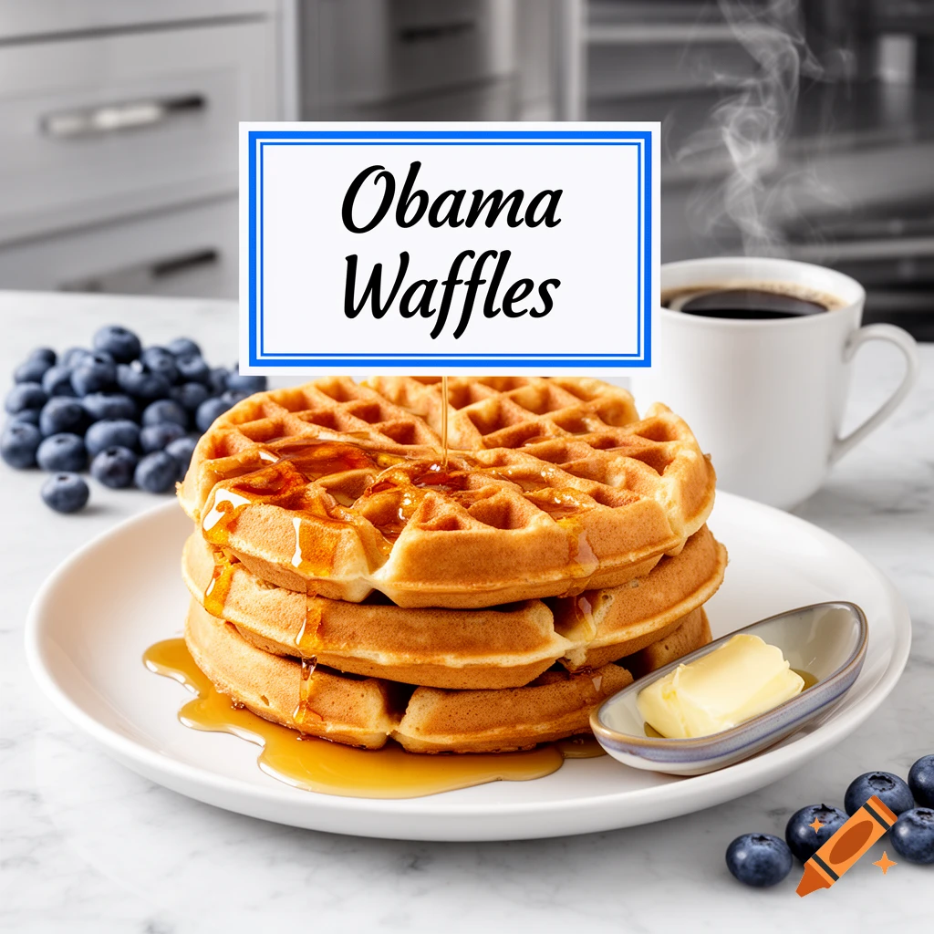 A stack of golden waffles covered in syrup, served with blueberries, butter, and coffee. A sign reads 'Obama Waffles'.