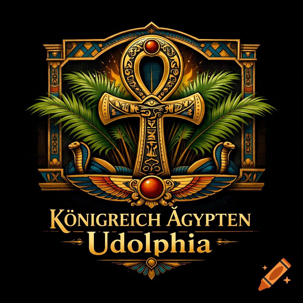 Ornate golden Egyptian-style logo featuring an ankh, palm trees, two cobras, and text 'Königreich Ägypten Udolphia'.