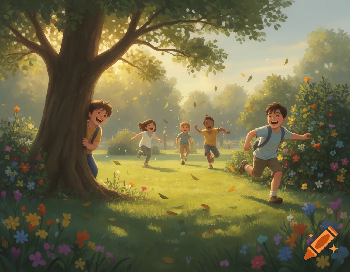 Smiling children play tag in a sun-dappled park, one boy hiding behind a tree, others running through grass and flowers.