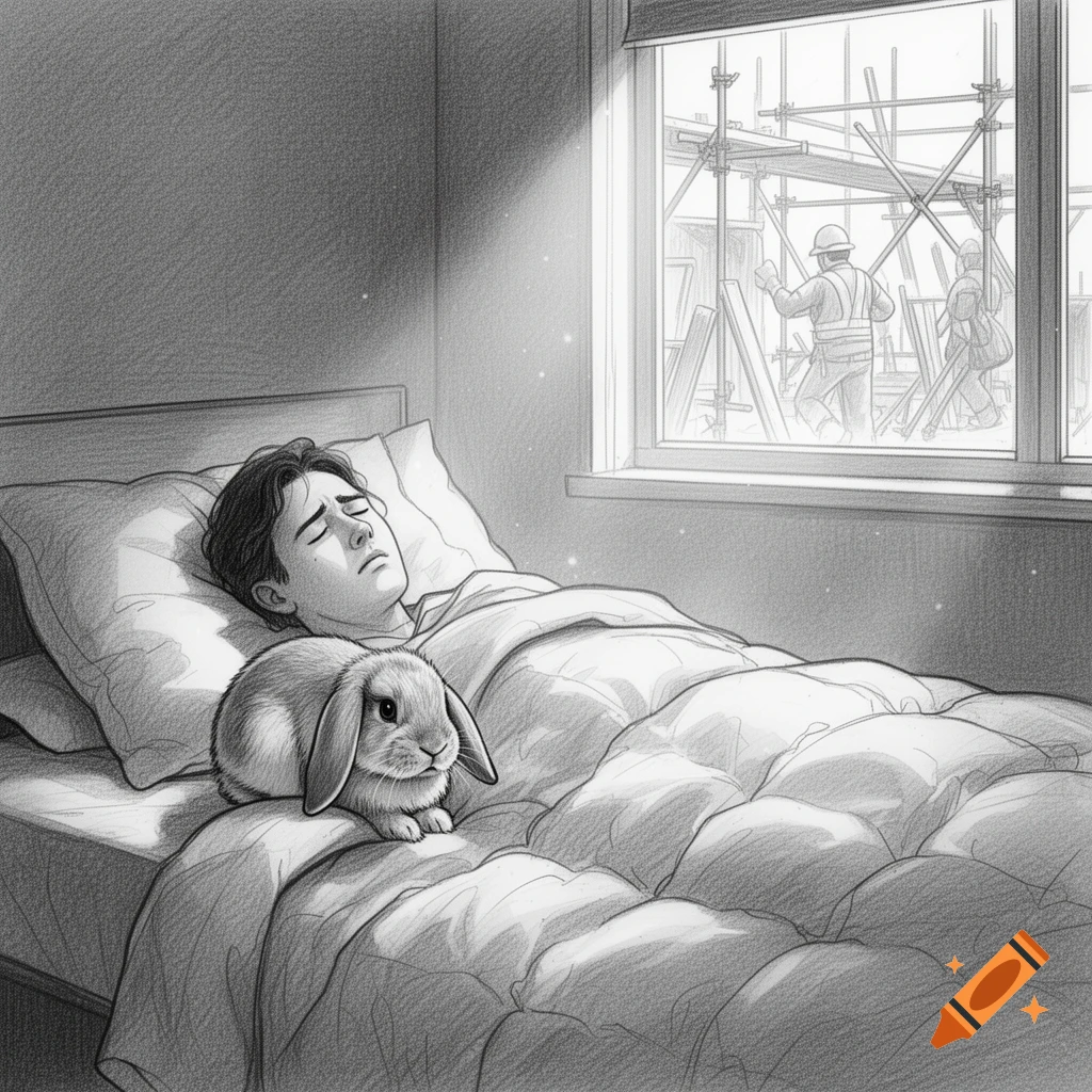 Black and white sketch of a person sleeping in bed with a mini lop bunny, while construction workers are busy outside the window.