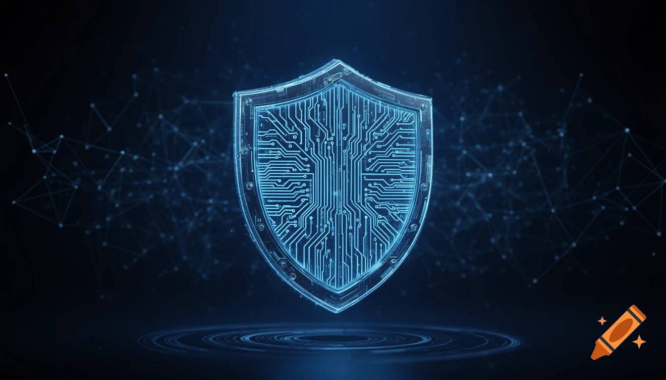 A glowing blue digital shield with circuit patterns, floating against a ...