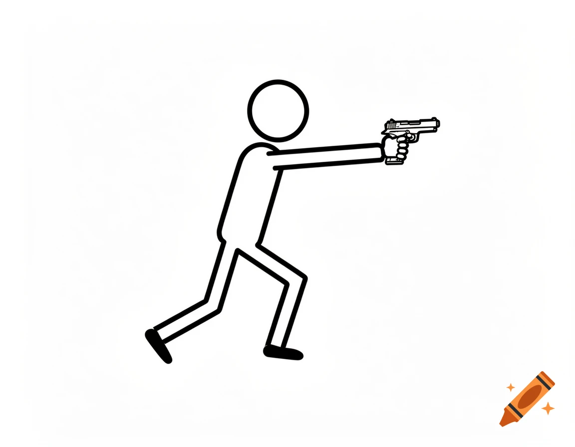A black and white line drawing of a stick figure in a dynamic pose, holding a handgun pointed forward.