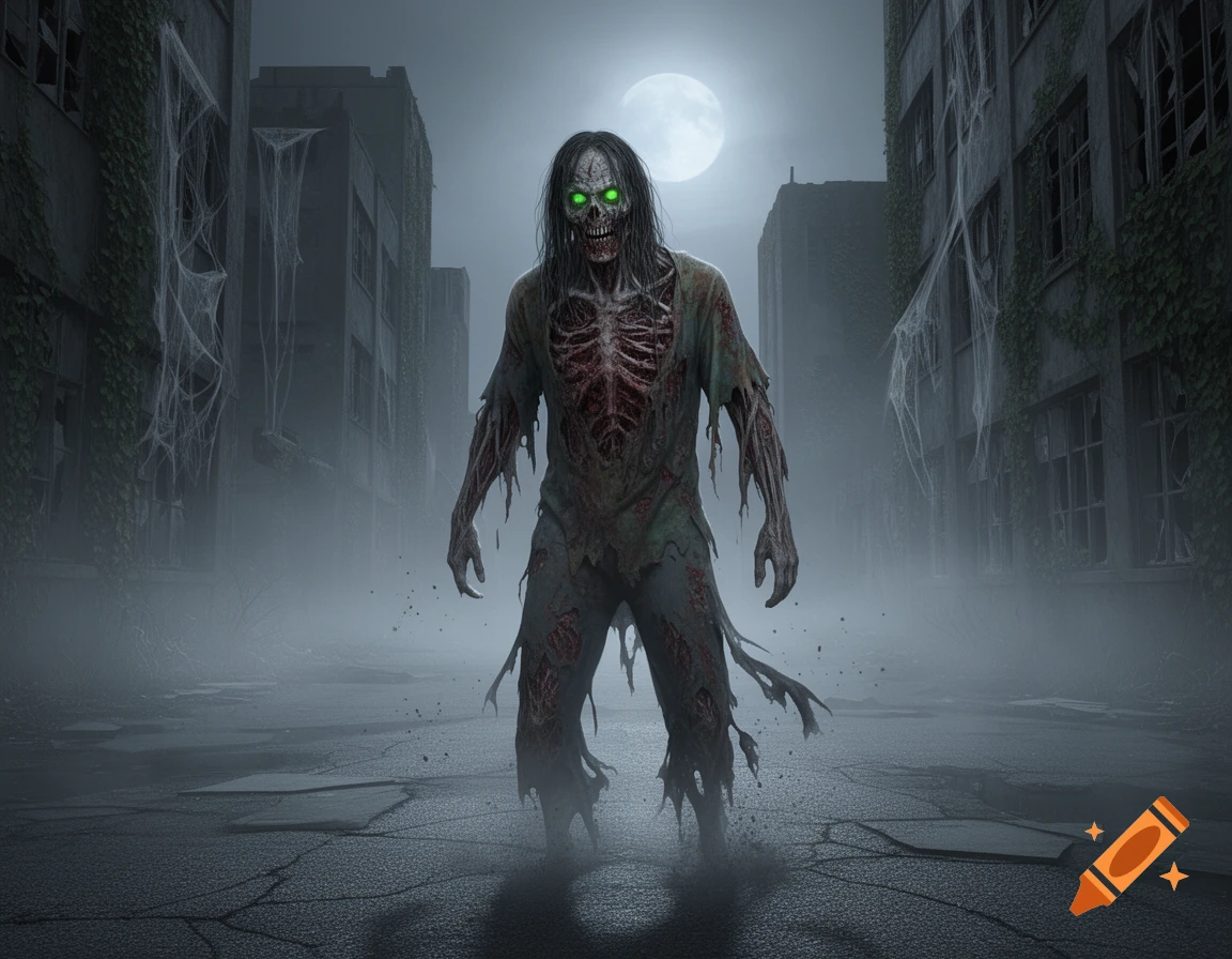A full-body shot of a decaying zombie with glowing green eyes in a foggy, ruined city under a full moon.