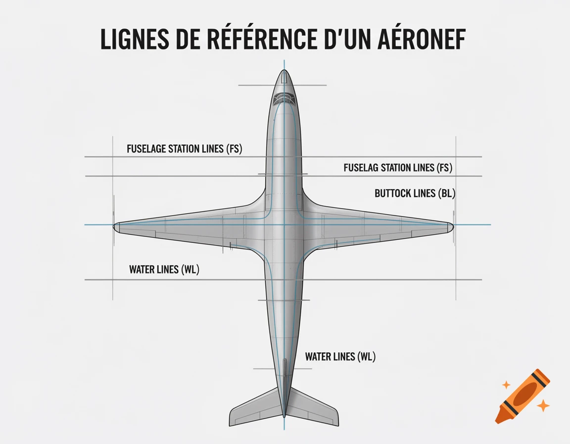Overhead diagram of an aircraft with fuselage, buttock, and water reference lines labeled.