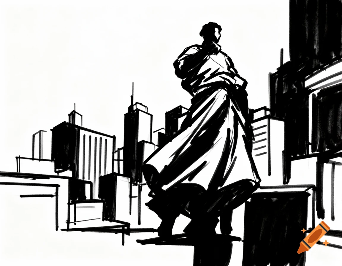 Black and white sketch of a figure with flowing drapery against a backdrop of city buildings.