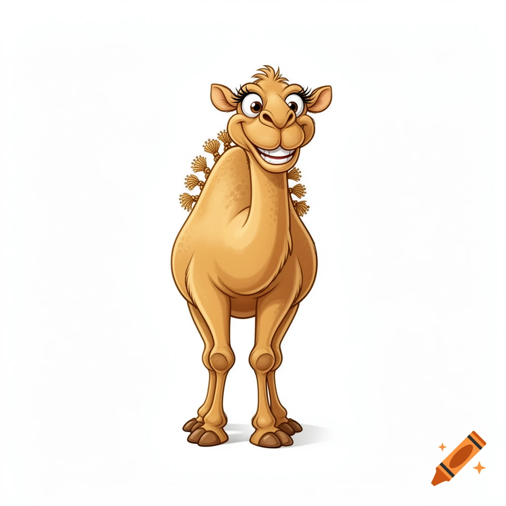 A friendly, smiling cartoon camel with long eyelashes and decorative tassels on its hump, standing on a white background.