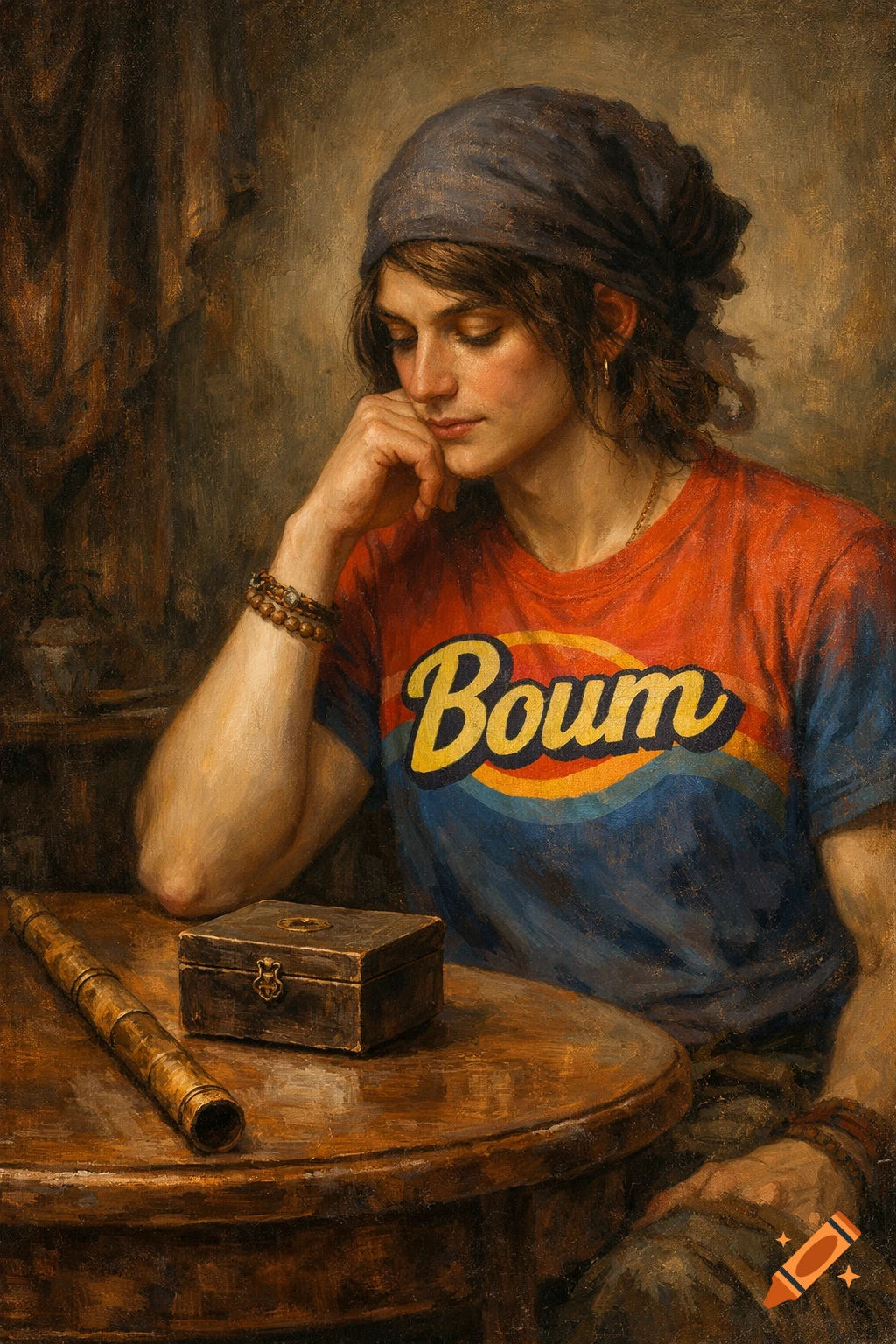 Oil painting of a person in a blue bandana and a red and blue 'Boum' t-shirt, chin resting on hand, at a table with a wooden box and a long cylindrical object.