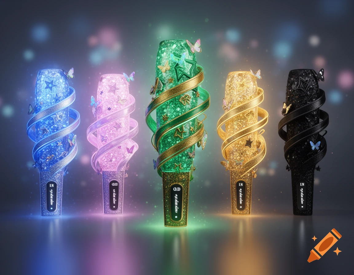 Five glowing, glitter-covered lightsticks decorated with ribbons, stars, and butterflies, in blue, pink, green, gold, and black.
