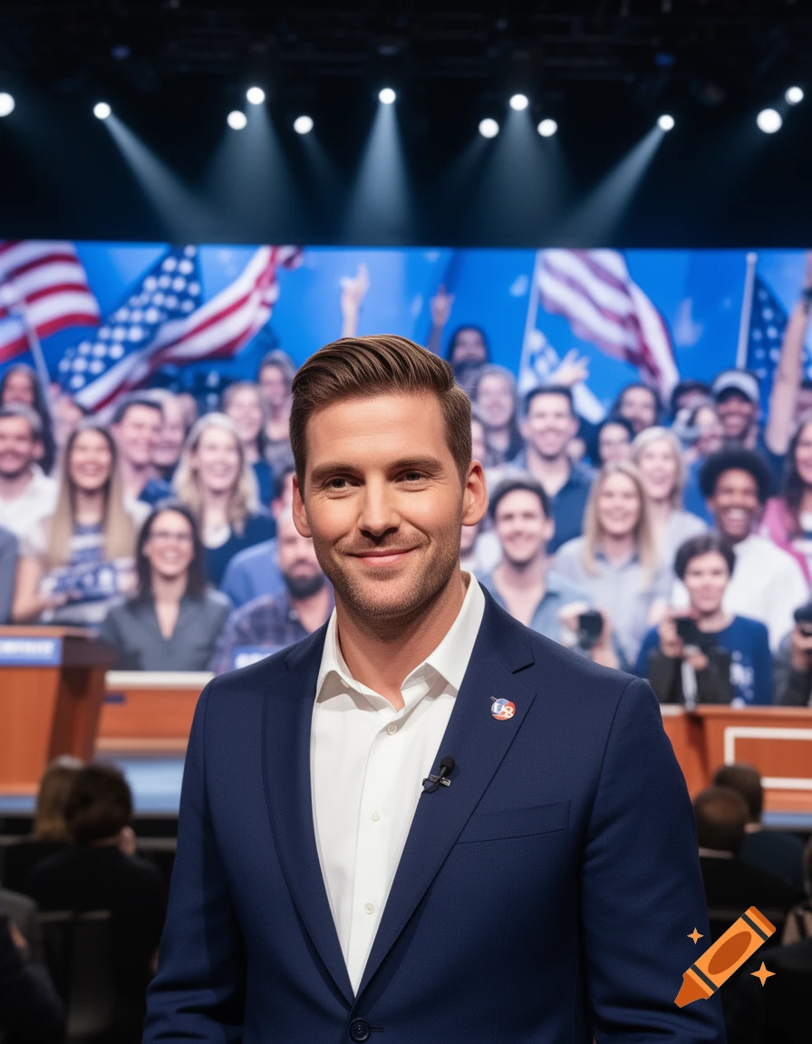 A man in a blue suit with a 'US' pin stands smiling in front of a blurry crowd holding American flags in a political event setting.