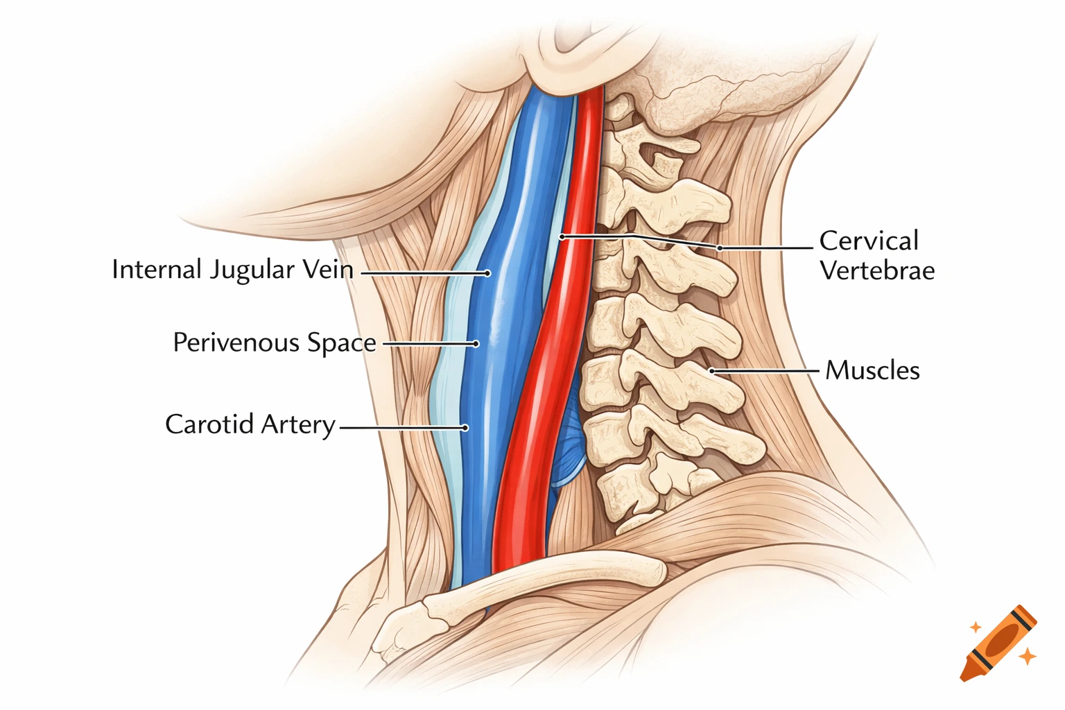 A sagittal schematic of the human neck showing internal jugular vein, carotid artery, perivenous space, cervical vertebrae, and muscles.