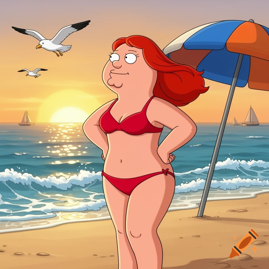 Cartoon character with Peter Griffin's face and Lois Griffin's body, wearing a red bikini on a beach at sunset.